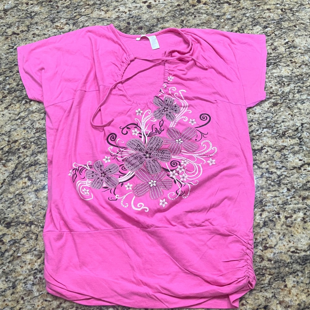 CenSport Womens Pink Floral Graphic Short Sleeve Ruched Side Top XL